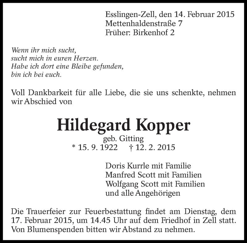 Traueranzeige für Hildegard Kopper vom 14.02.2015 aus Eßlinger Zeitung/Cannstatter Zeitung