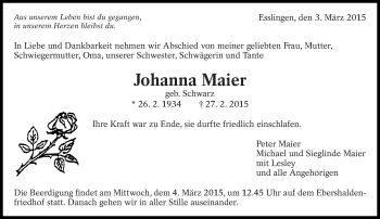 Traueranzeige von Johanna Maier von Eßlinger Zeitung/Cannstatter Zeitung