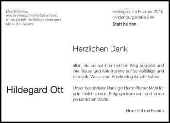 Traueranzeige von Hildegard Ott von Eßlinger Zeitung/Cannstatter Zeitung