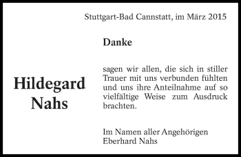 Traueranzeige von Hildegard Nahs von Eßlinger Zeitung/Cannstatter Zeitung