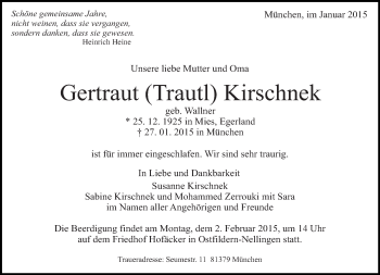 Traueranzeige von Gertraut Kirschnek von Eßlinger Zeitung/Cannstatter Zeitung