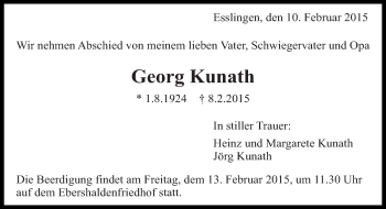 Traueranzeige von Georg Kunath von Eßlinger Zeitung/Cannstatter Zeitung