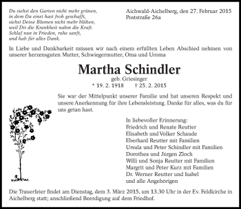 Traueranzeige von Martha Schindler von Eßlinger Zeitung/Cannstatter Zeitung