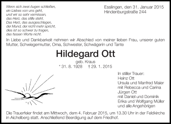 Traueranzeige von Hildegard Ott von Eßlinger Zeitung/Cannstatter Zeitung