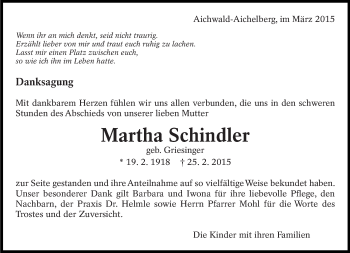 Traueranzeige von Martha Schindler von Eßlinger Zeitung/Cannstatter Zeitung