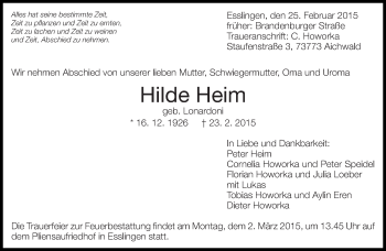 Traueranzeige von Hilde Heim von Eßlinger Zeitung/Cannstatter Zeitung