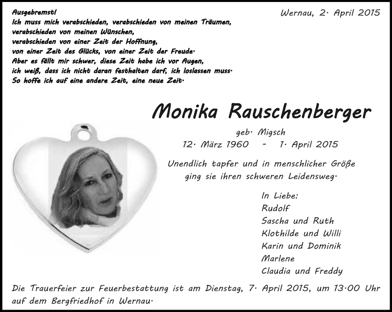  Traueranzeige für Monika Rauschenberger vom 02.04.2015 aus Eßlinger Zeitung/Cannstatter Zeitung