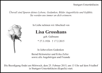 Traueranzeige von Lisa Grosshans von Eßlinger Zeitung/Cannstatter Zeitung