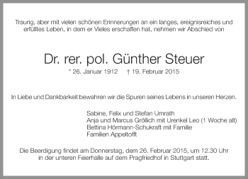 Traueranzeige von Günther Steuer von Eßlinger Zeitung/Cannstatter Zeitung