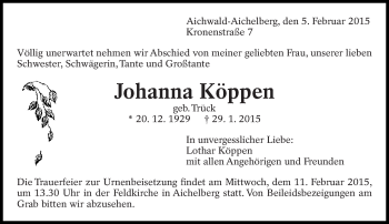 Traueranzeige von Johanna Köppen von Eßlinger Zeitung/Cannstatter Zeitung