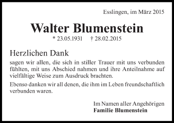 Traueranzeige von Walter Blumenstein von Eßlinger Zeitung/Cannstatter Zeitung