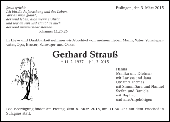 Traueranzeige von Gerhard Strauß von Eßlinger Zeitung/Cannstatter Zeitung