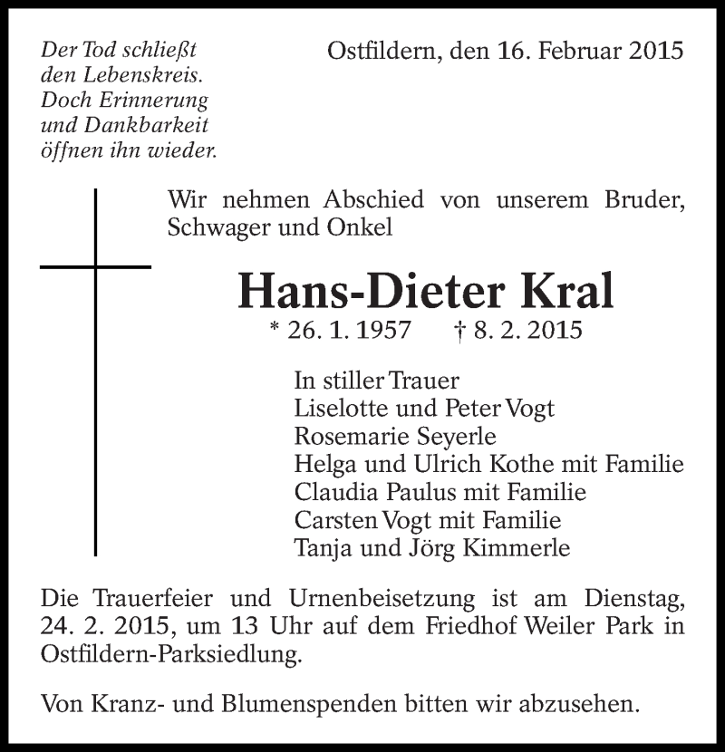  Traueranzeige für Hans-Dieter Kral vom 16.02.2015 aus Eßlinger Zeitung/Cannstatter Zeitung