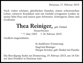 Traueranzeige von Thea Reiniger von Eßlinger Zeitung/Cannstatter Zeitung