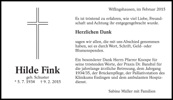 Traueranzeige von Hilde Fink von Eßlinger Zeitung/Cannstatter Zeitung