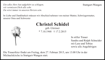 Traueranzeige von Christel Schidel von Eßlinger Zeitung/Cannstatter Zeitung