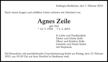 Traueranzeige von Agnes Zeile von Eßlinger Zeitung/Cannstatter Zeitung
