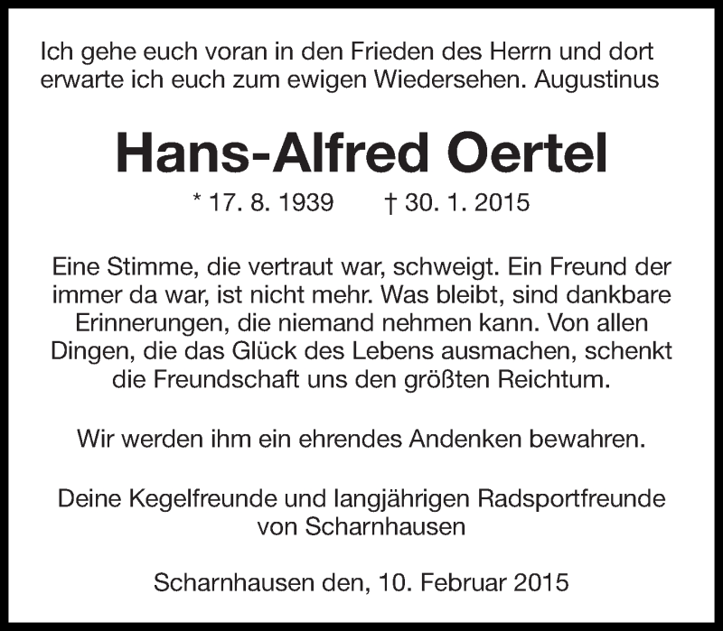  Traueranzeige für Hans-Alfred Oertel vom 12.02.2015 aus Eßlinger Zeitung/Cannstatter Zeitung