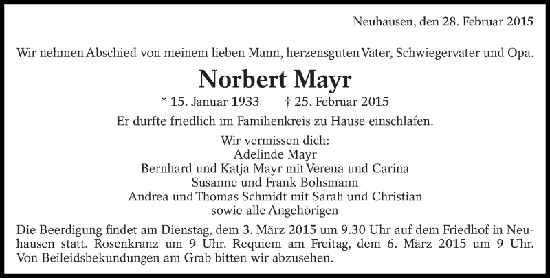  Traueranzeige für Norbert Mayr vom 28.02.2015 aus Eßlinger Zeitung/Cannstatter Zeitung