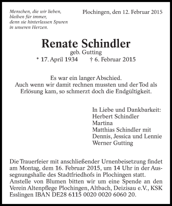 Traueranzeige von Renate Schindler von Eßlinger Zeitung/Cannstatter Zeitung
