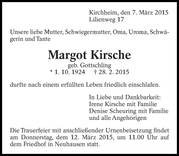 Traueranzeige von Margot Kirsche von Eßlinger Zeitung/Cannstatter Zeitung