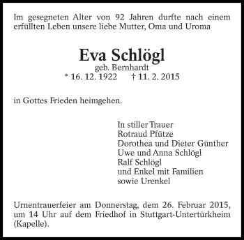 Traueranzeige von Eva Schlögl von Eßlinger Zeitung/Cannstatter Zeitung
