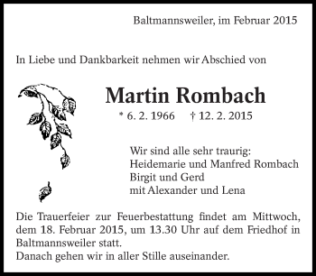 Traueranzeige von Martin Rombach von Eßlinger Zeitung/Cannstatter Zeitung