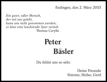 Traueranzeige von Peter Bäsler von Eßlinger Zeitung/Cannstatter Zeitung