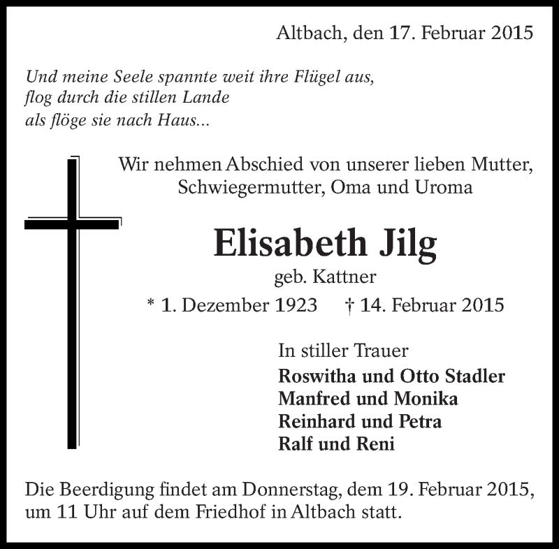  Traueranzeige für Elisabeth Jilg vom 17.02.2015 aus Eßlinger Zeitung/Cannstatter Zeitung