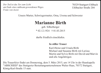 Traueranzeige von Marianne Birth von Eßlinger Zeitung/Cannstatter Zeitung