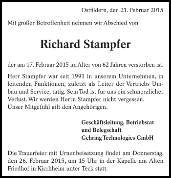 Traueranzeige von Richard Stampfer von Eßlinger Zeitung/Cannstatter Zeitung