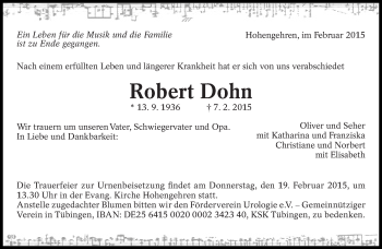 Traueranzeige von Robert Dohn von Eßlinger Zeitung/Cannstatter Zeitung
