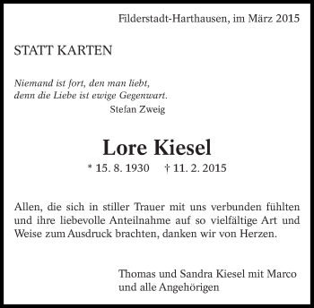 Traueranzeige von Lore Kiesel von Eßlinger Zeitung/Cannstatter Zeitung