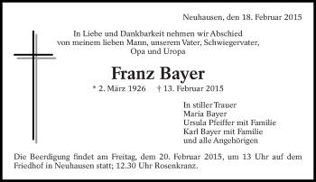 Traueranzeige von Franz Bayer von Eßlinger Zeitung/Cannstatter Zeitung