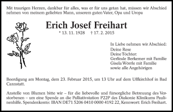 Traueranzeige von Erich Josef Freihart von Eßlinger Zeitung/Cannstatter Zeitung