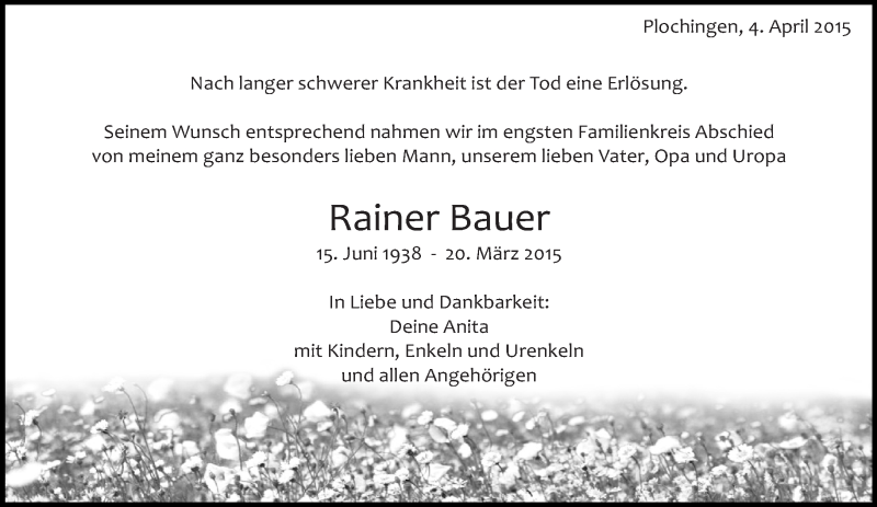  Traueranzeige für Rainer Bauer vom 04.04.2015 aus Eßlinger Zeitung/Cannstatter Zeitung