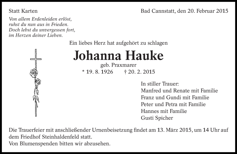  Traueranzeige für Johanna Hauke vom 28.02.2015 aus Eßlinger Zeitung/Cannstatter Zeitung
