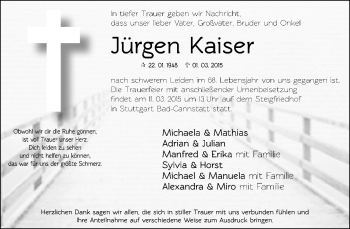 Traueranzeige von Jürgen Kaiser von Eßlinger Zeitung/Cannstatter Zeitung