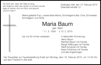 Traueranzeige von Maria Baum von Eßlinger Zeitung/Cannstatter Zeitung