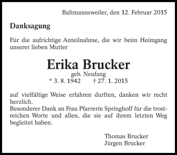 Traueranzeige von Erika Brucker von Eßlinger Zeitung/Cannstatter Zeitung