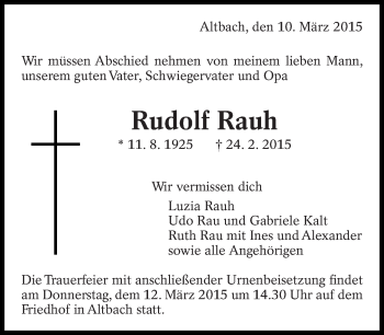Traueranzeige von Rudolf Rauh von Eßlinger Zeitung/Cannstatter Zeitung