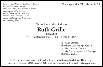 Traueranzeige von Ruth Grille von Eßlinger Zeitung/Cannstatter Zeitung
