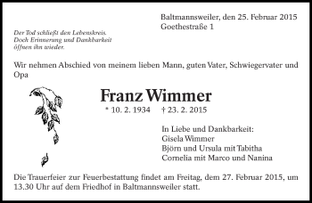 Traueranzeige von Franz Wimmer von Eßlinger Zeitung/Cannstatter Zeitung