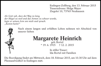 Traueranzeige von Margarete Heinrich von Eßlinger Zeitung/Cannstatter Zeitung
