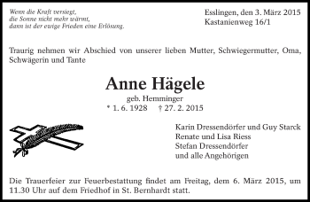 Traueranzeige von Anne Hägele von Eßlinger Zeitung/Cannstatter Zeitung