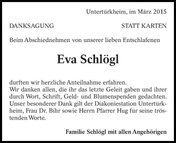 Traueranzeige von Eva Schlögl von Eßlinger Zeitung/Cannstatter Zeitung