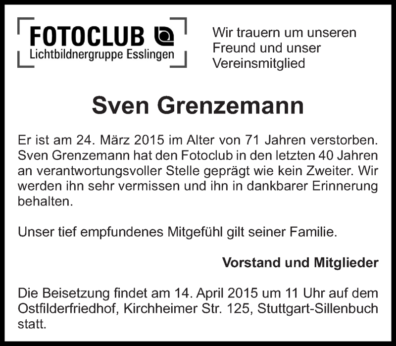  Traueranzeige für Sven Grenzemann vom 08.04.2015 aus Eßlinger Zeitung/Cannstatter Zeitung