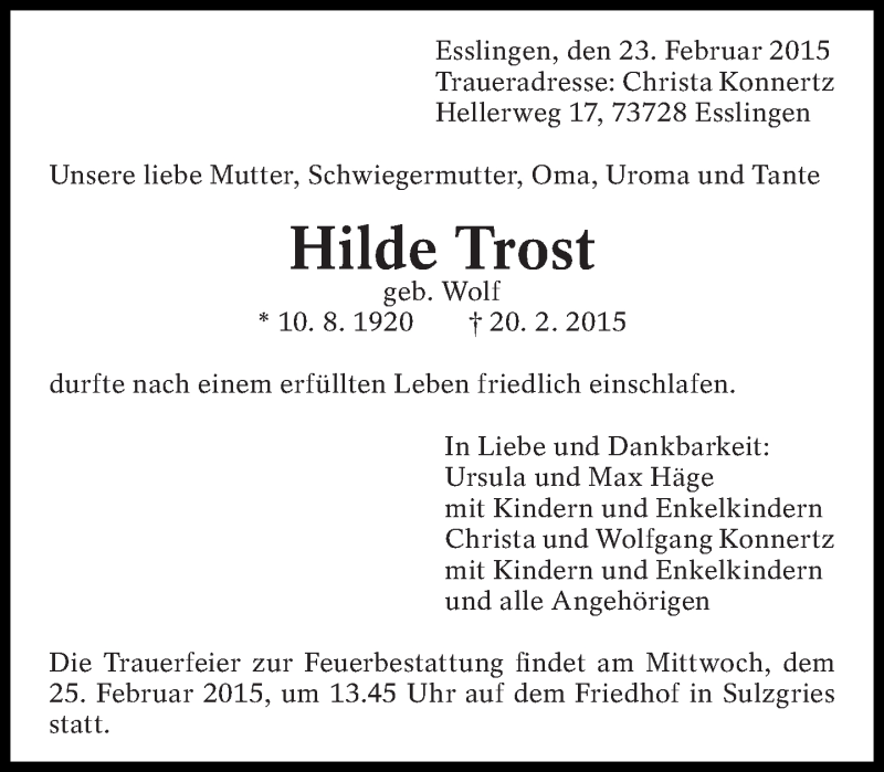  Traueranzeige für Hilde Trost vom 23.02.2015 aus Eßlinger Zeitung/Cannstatter Zeitung