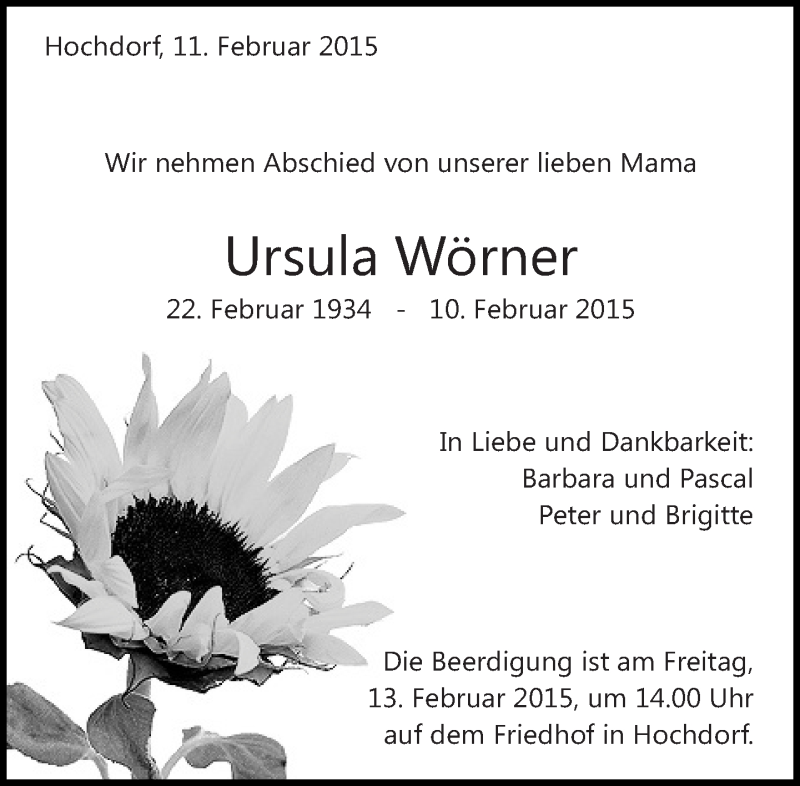  Traueranzeige für Ursula Wörner vom 11.02.2015 aus Eßlinger Zeitung/Cannstatter Zeitung