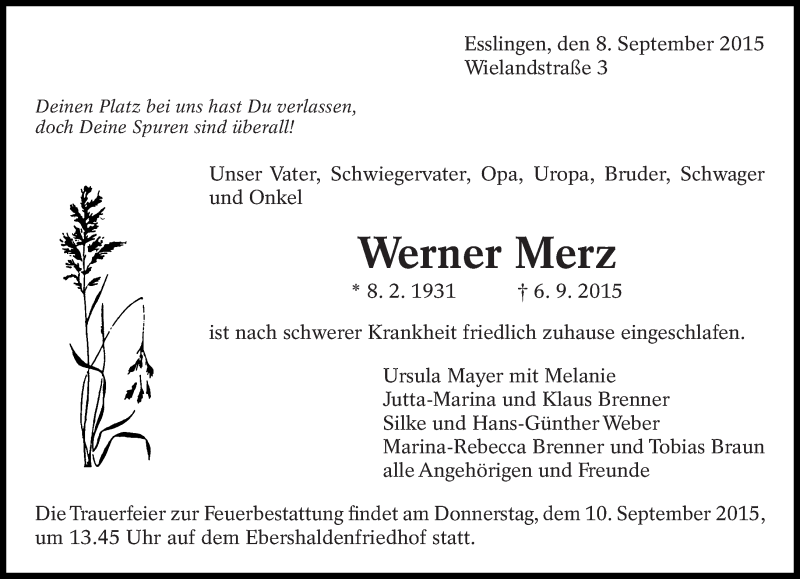  Traueranzeige für Werner Merz vom 08.09.2015 aus Eßlinger Zeitung/Cannstatter Zeitung